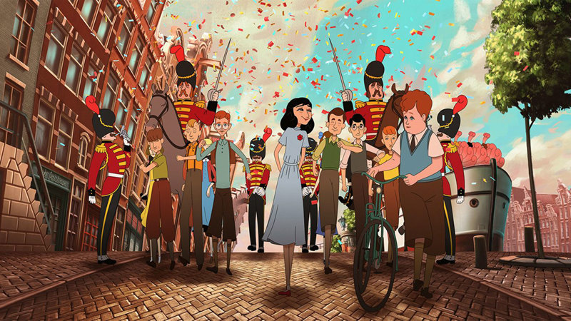 Glada unga människor på en gata samt två personer i uniform på hästar. Teckning.