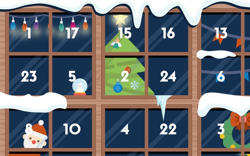 En illustration på en julkalender, som föreställer spröjsade fönster, där varje ruta är en lucka med siffra.