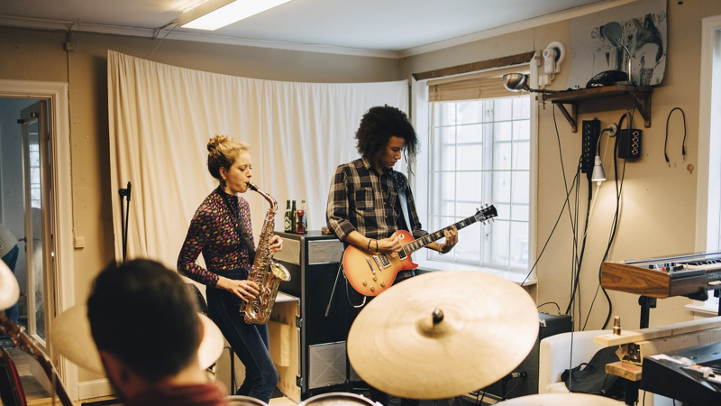 Ungdomar i en musiksal spelar trummor, saxofon och elgitarr