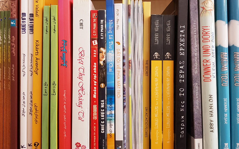 Böcker på olika språk i en bokhylla. Foto.
