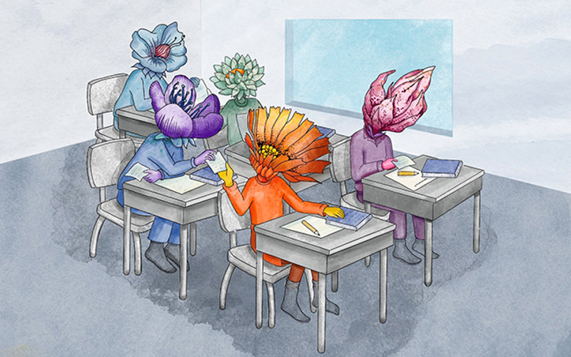 En teckning med fem elever med huvuden formade som blommor sitter vid sina bänkar i ett klassrum.