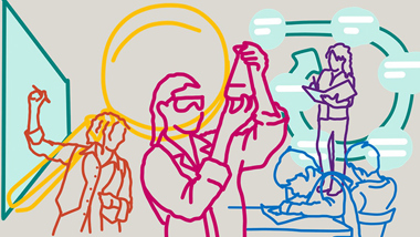 Olika undervisningssituationer i ett klassrum. Illustration.