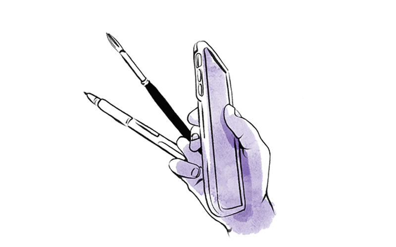 En tecknad bild av en en hand som håller i en mobiltelefon och två penslar.