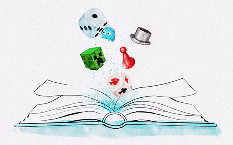 En teckning av en uppslagen bok med tärningar och olika spelpjäser som flyger upp.
