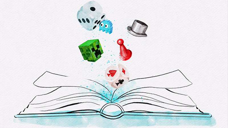 En teckning av en uppslagen bok med tärningar och olika spelpjäser som flyger upp.
