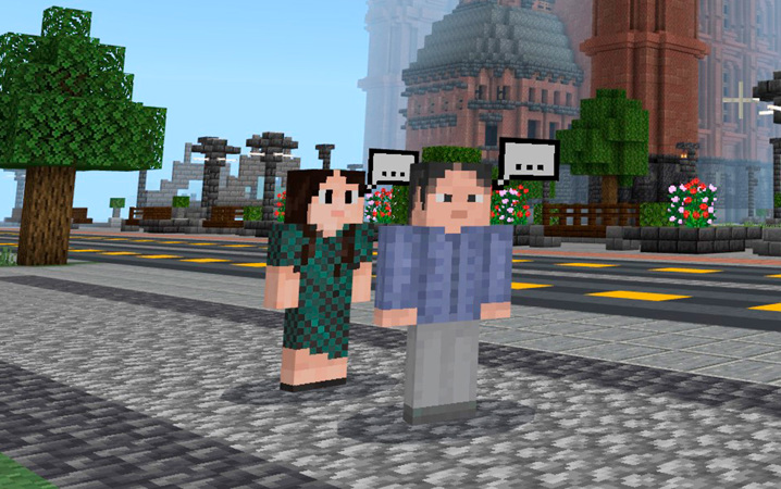 Två figurer i en Minecraftmiljö.