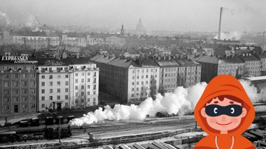 Ett ånglok på järnvägsspåret vid Atlasmuren i Stockholm, taget på 1940-talet.