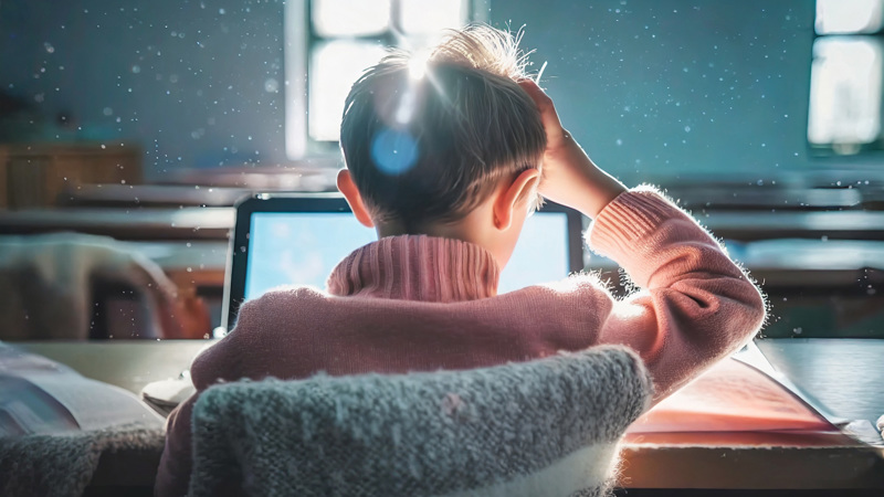 Ett barn i ett klassrum som tittar på en skärm och tar sig för pannan.