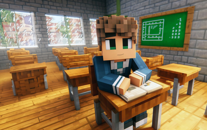 Illustration av en Minecraftfigur i ett klassrum.