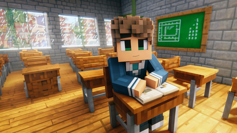 Illustration av en Minecraftfigur i ett klassrum.