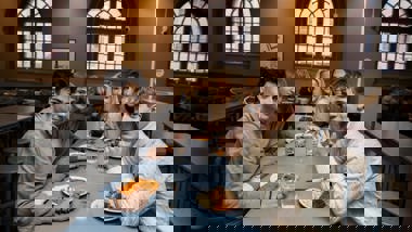 Ungdomar sitter och äter i en skolmatsal.