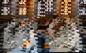 Ungdomar sitter och äter i en skolmatsal.