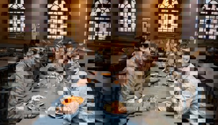 Ungdomar sitter och äter i en skolmatsal.