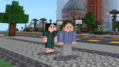 Två figurer i en Minecraftmiljö.