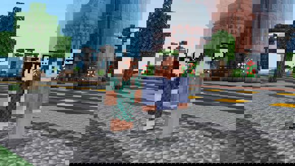 Två figurer i en Minecraftmiljö.