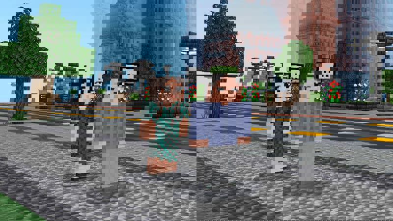 Två figurer i en Minecraftmiljö.