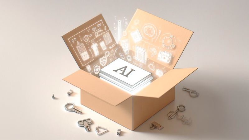 En öppen kartong med papper med texten AI på.