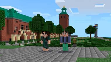 Två figurer i en Minecraftmiljö.