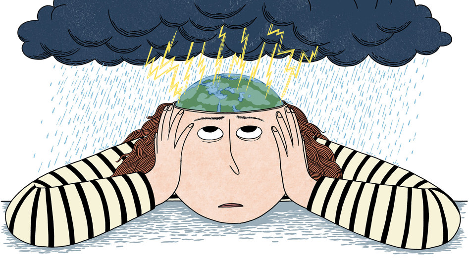 En flicka hänger med armarna över ett bord, över henne syns ett regnmoln.