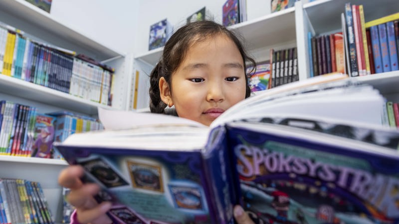 En flicka sitter framför en bokhylla och läser i en bok.