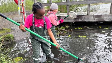 Två flickor med vadarbyxor med håvar i vattnet bredvid en brygga.