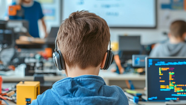 Ett barn med hörlurar sett bakifrån.