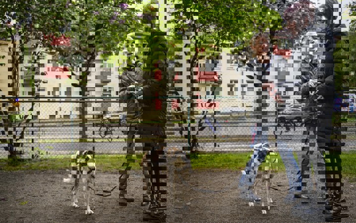 Tonårstjej rastar en hund i en hundrastgård i sällskap av en vuxen kvinna.