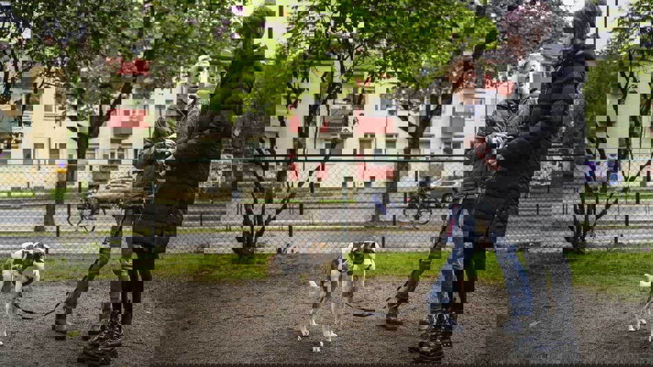 Tonårstjej rastar en hund i en hundrastgård i sällskap av en vuxen kvinna.