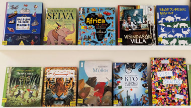 Böcker på olika språk uppställda på två hyllor.
