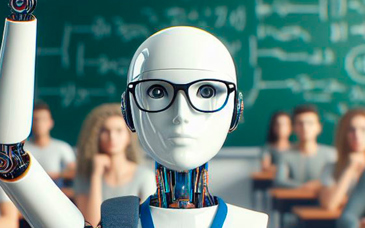 En robot som räcker upp handen i ett klassrum.