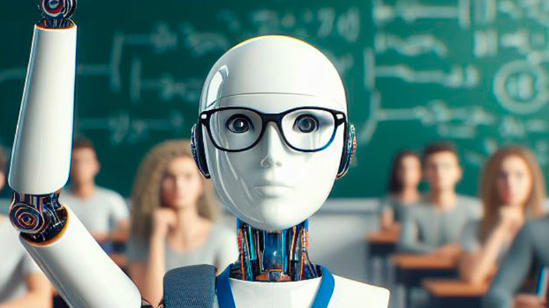 En robot som räcker upp handen i ett klassrum.