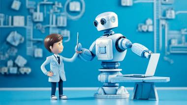 AI-genererad illustration med man och en robot.
