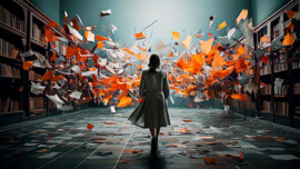 En kvinna går igenom ett rum där det flyger orangea och vita papper i luften.