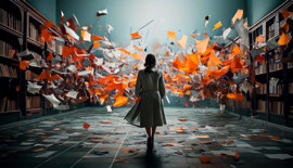 En kvinna går igenom ett rum där det flyger orangea och vita papper i luften.