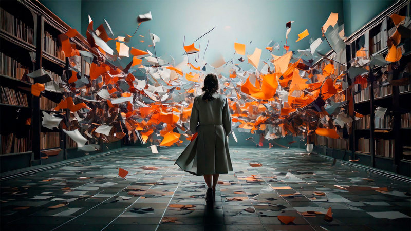 En kvinna går igenom ett rum där det flyger orangea och vita papper i luften.